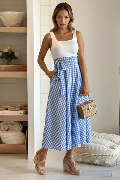 white and blue midi dress with pockets