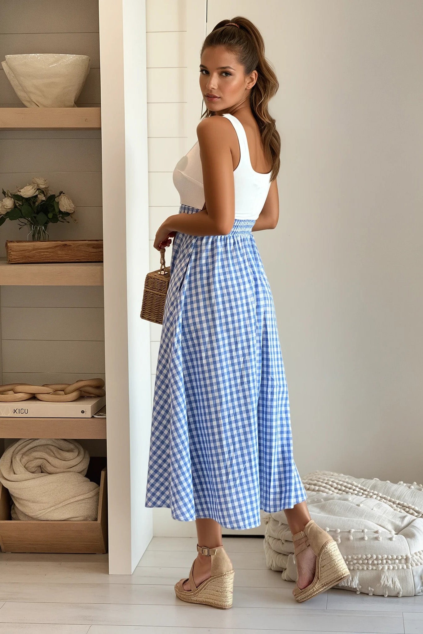 white and blue plaid midi dress