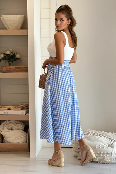 white and blue plaid midi dress