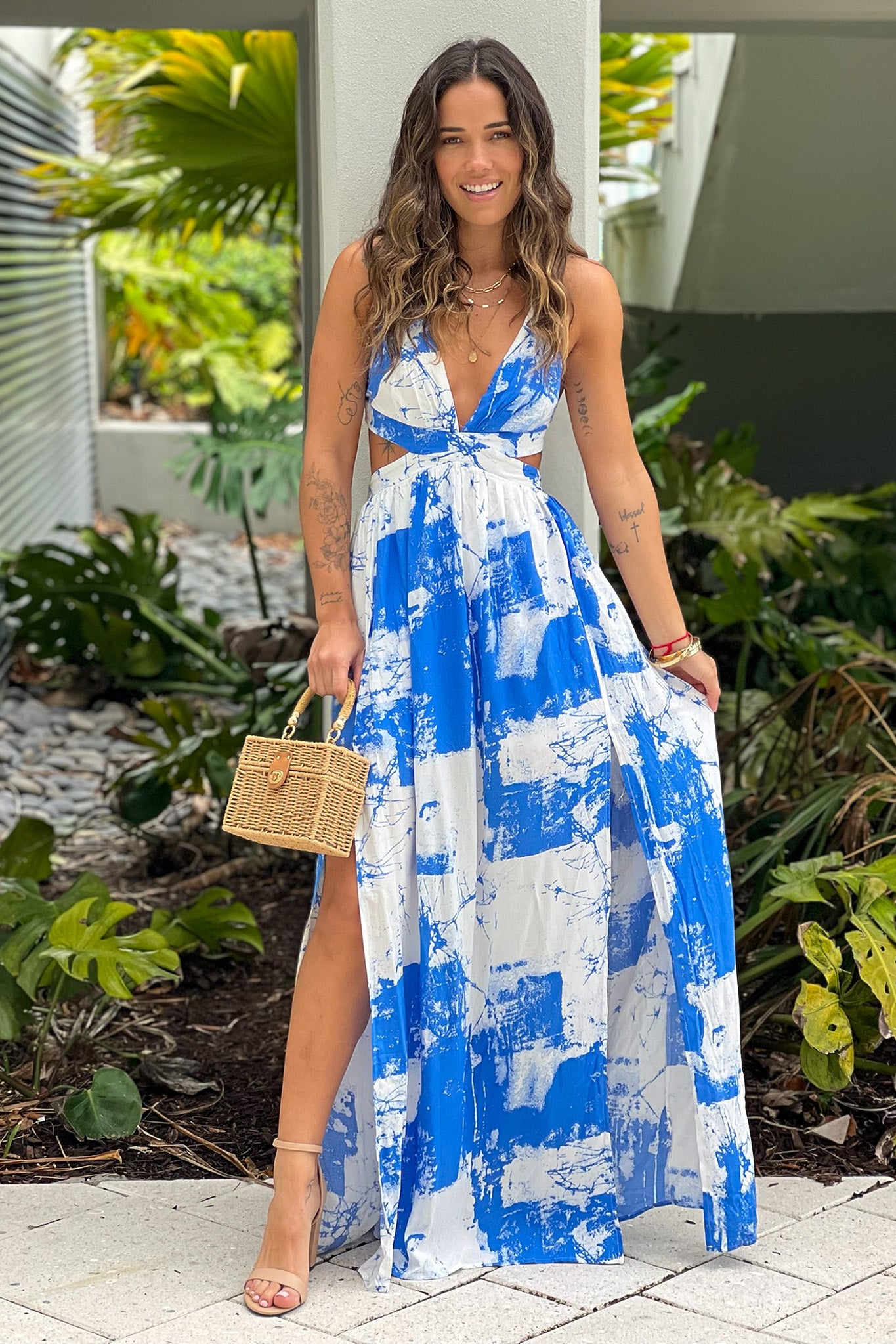 white and blue printed maxi dress with cut outs