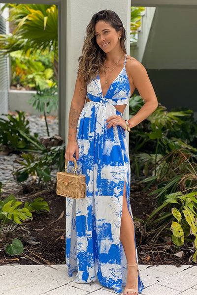white and blue printed maxi dress