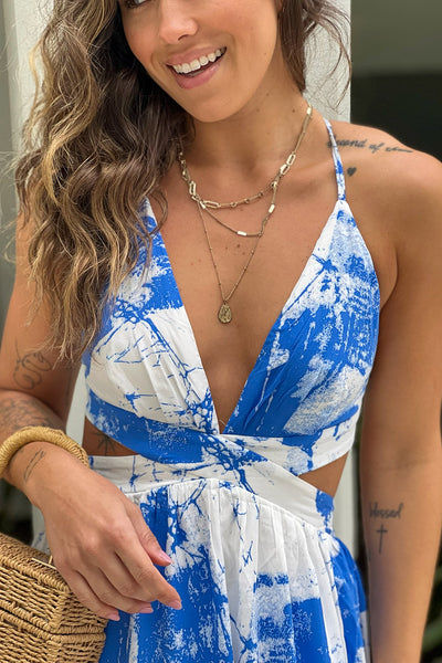 white and blue printed maxi dress with cut outs