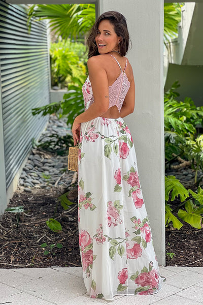 white and fuchsia floral maxi dress with lace back