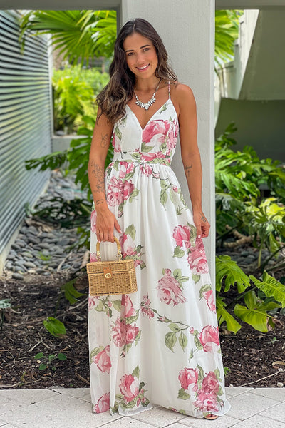 white and fuchsia floral maxi dress