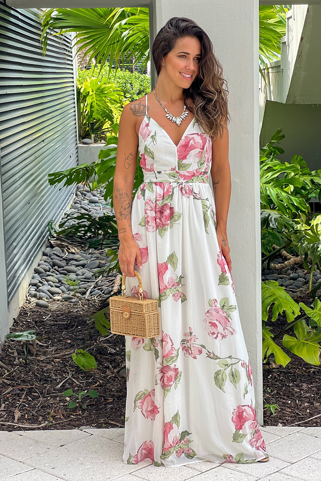 white and fuchsia floral summer maxi dress