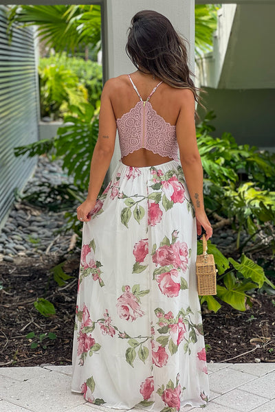 white and fuchsia maxi dress with lace back