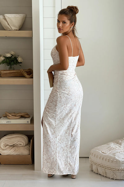 white and gold sequin lace maxi dress