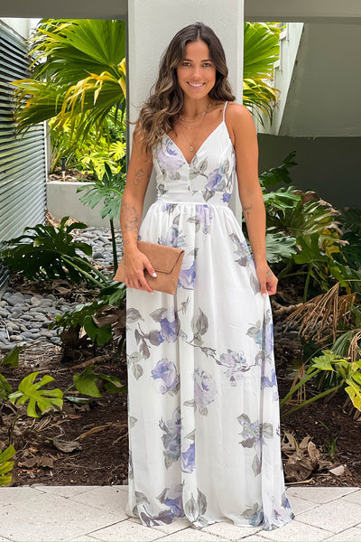 white and lavender floral maxi dress