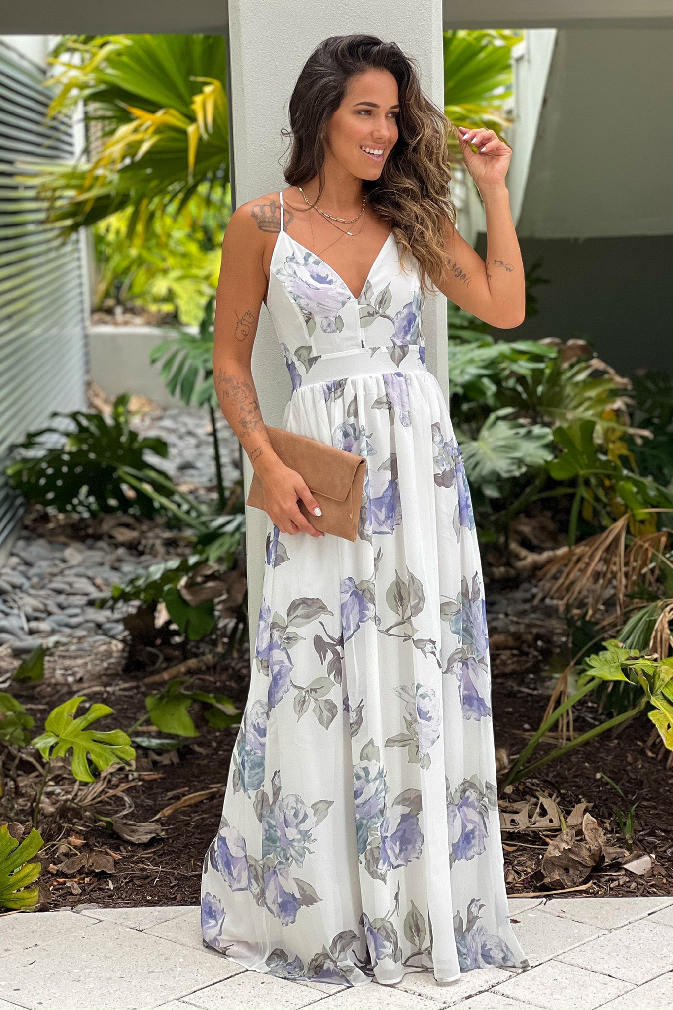 white and lavender flora summerl maxi dress