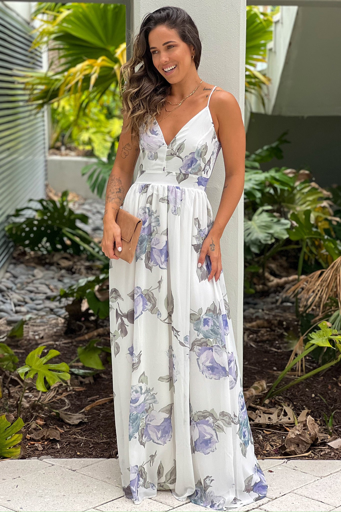 lavender floral maxi dress White And Lavender Floral Maxi Dress With Lace Back