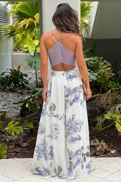 white and lavender maxi dress with lace back