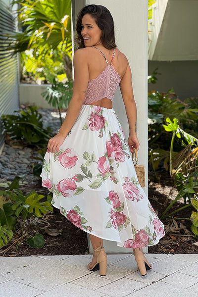 white and pink floral high low dress with lace back