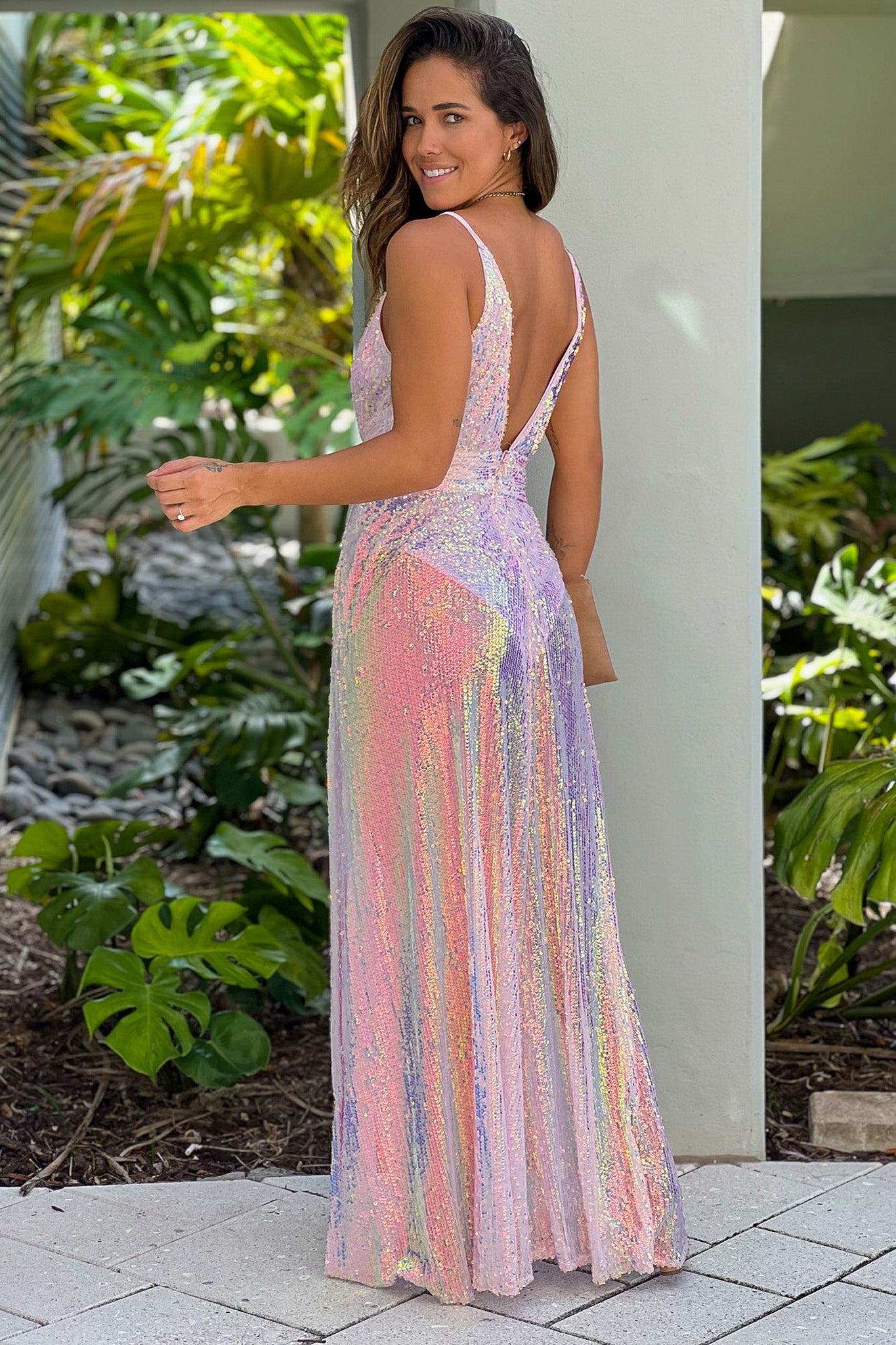 white and pink sequined maxi dress