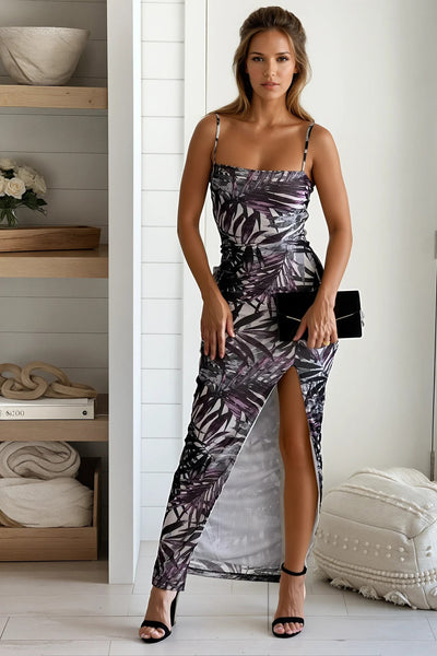 white and purple printed maxi dress with slit