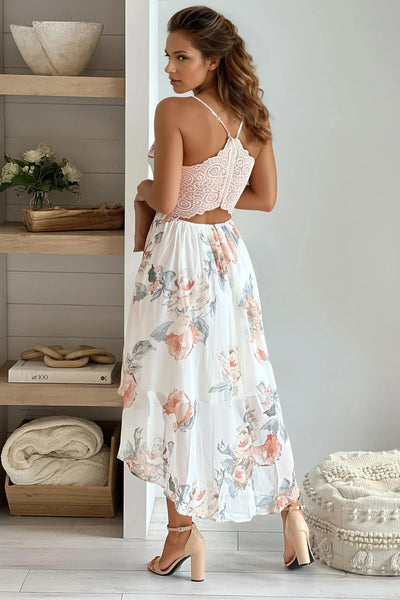 white and salmon floral dress with lace back