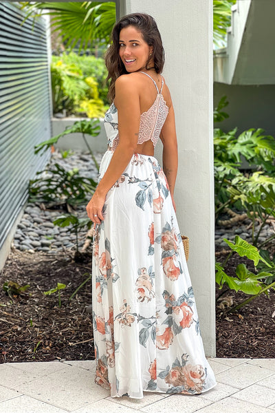 white and salmon floral maxi dress with lace back