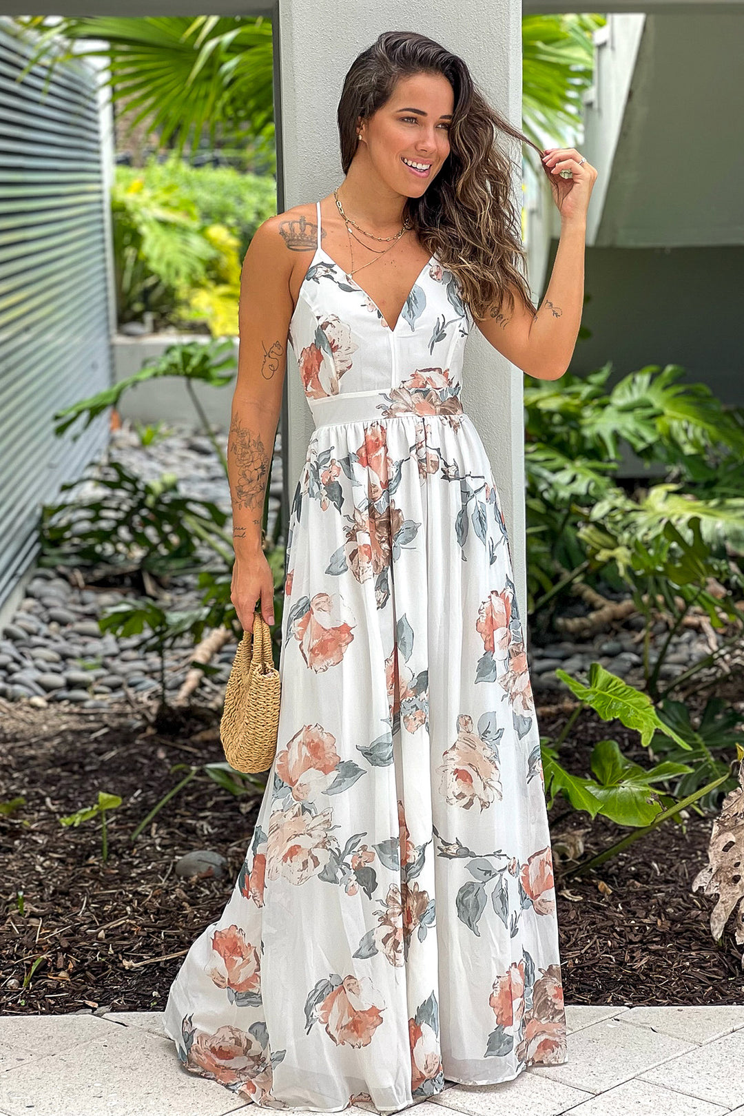 White And Salmon Floral Maxi Dress With Lace Back | Maxi Dresses  Saved by  the Dress