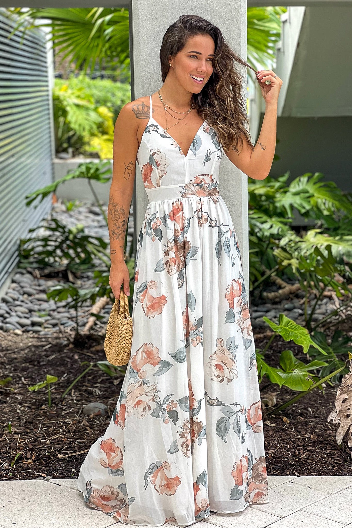 white and salmon floral summer maxi dress