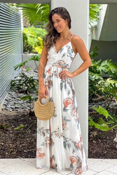 white and salmon maxi dress