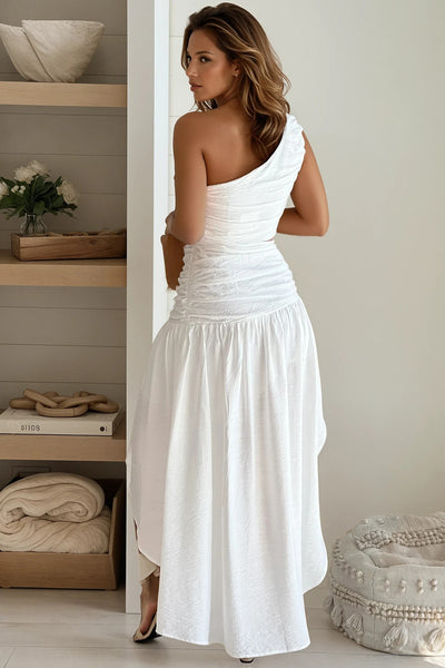 White Asymmetrical One Shoulder High Low Dress