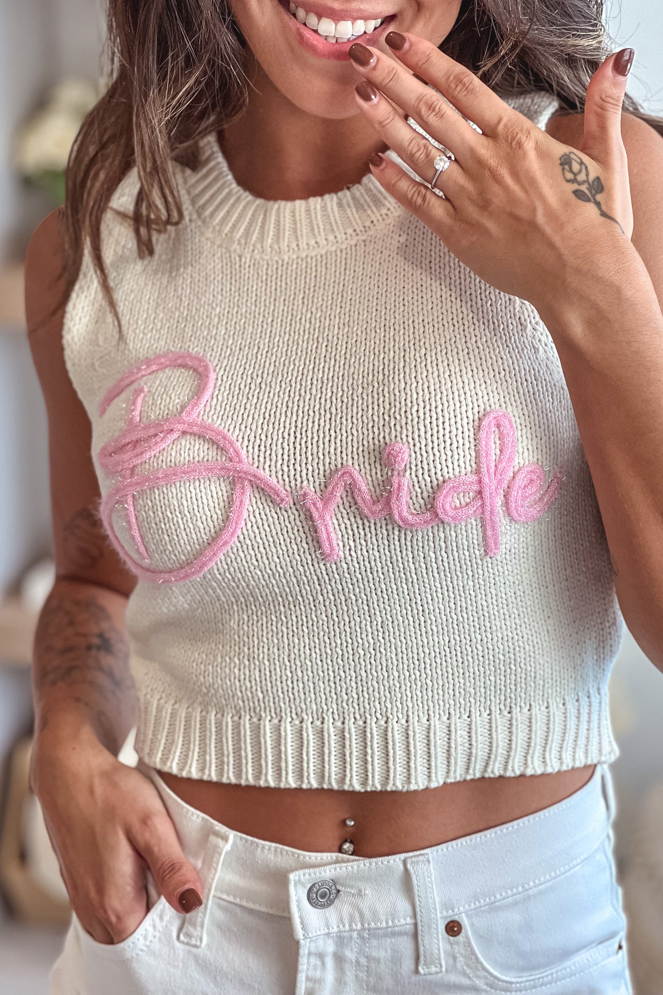 white bride sleeveless knit top