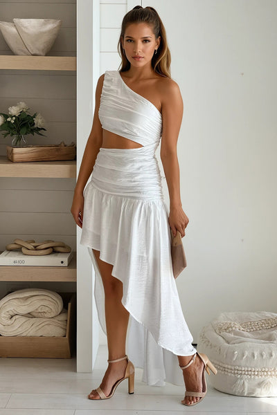 white  one shoulder high low dress