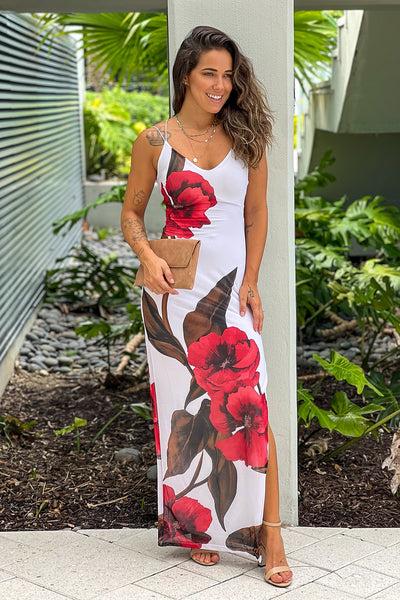 white printed maxi dress with slit