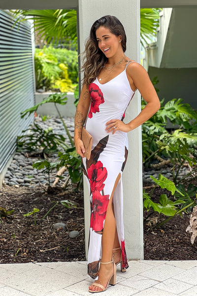 white printed strappy back maxi dress