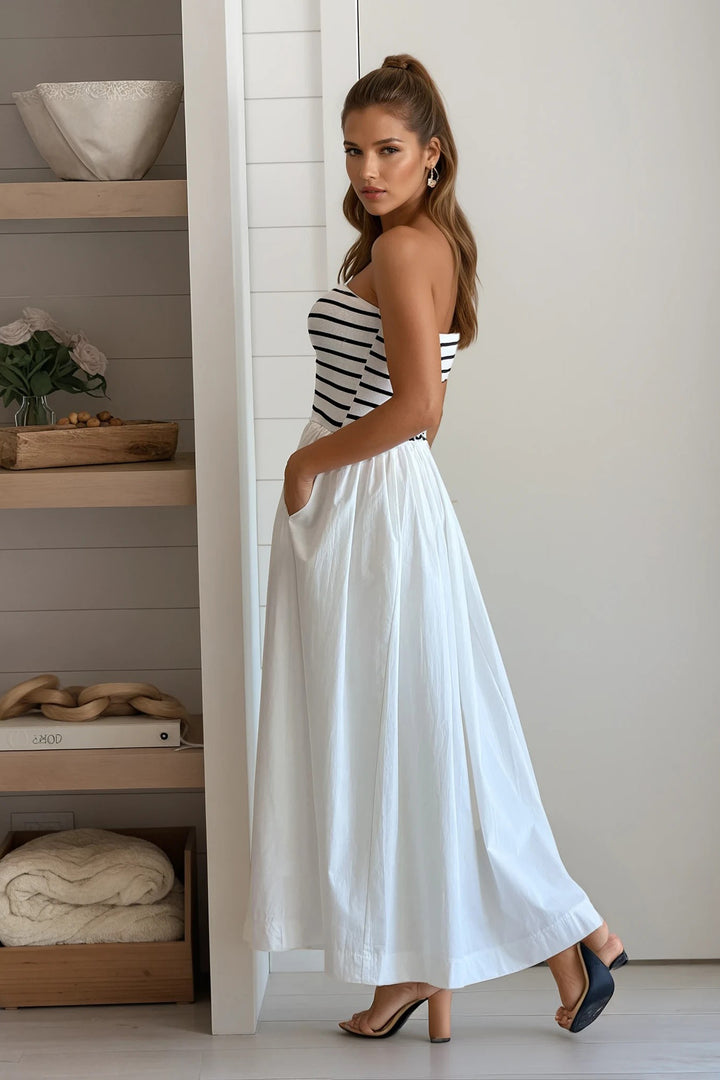 White Striped Strapless Flowy Midi Dress | Midi Dresses Saved by the Dress White Striped Strapless Flowy Midi Dress | Midi Dresses Saved by the Dress