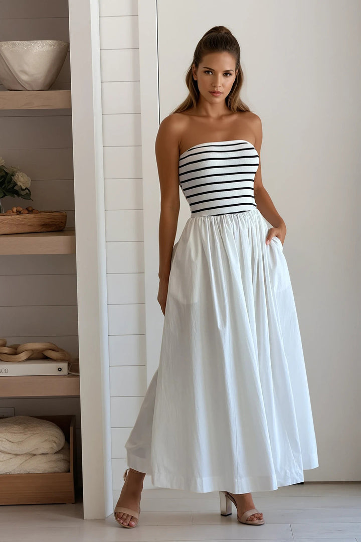 White Striped Strapless Flowy Midi Dress