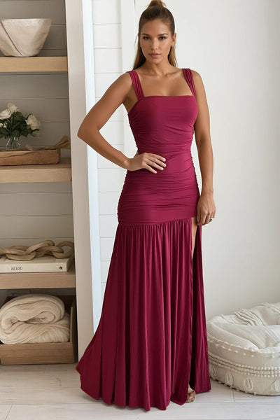 wine jersey ruched maxi dress