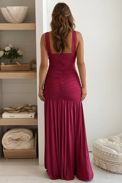 wine ruched maxi dress