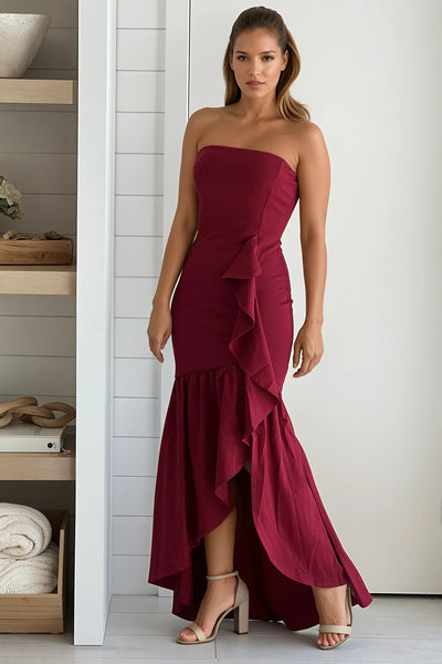 wine ruffled high low maxi dress