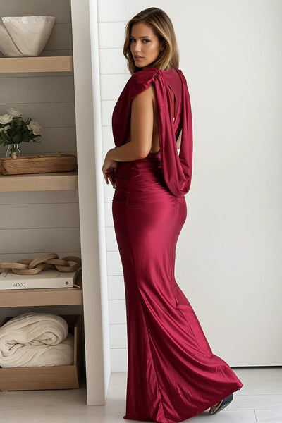 wine shiny draped back maxi dress