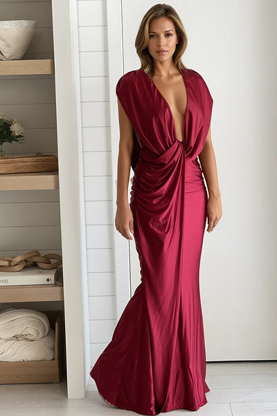 wine shiny satin draped maxi dress