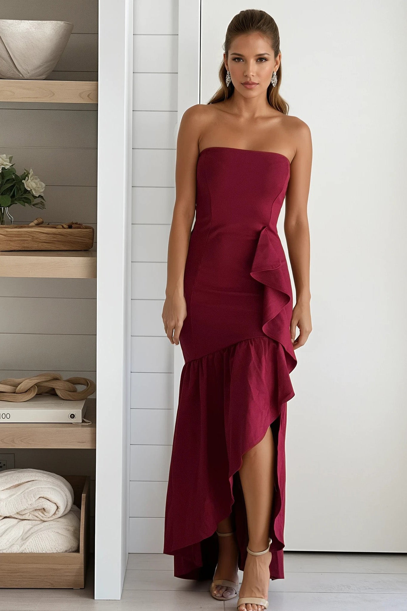 wine strapless ruffled high low maxi dress