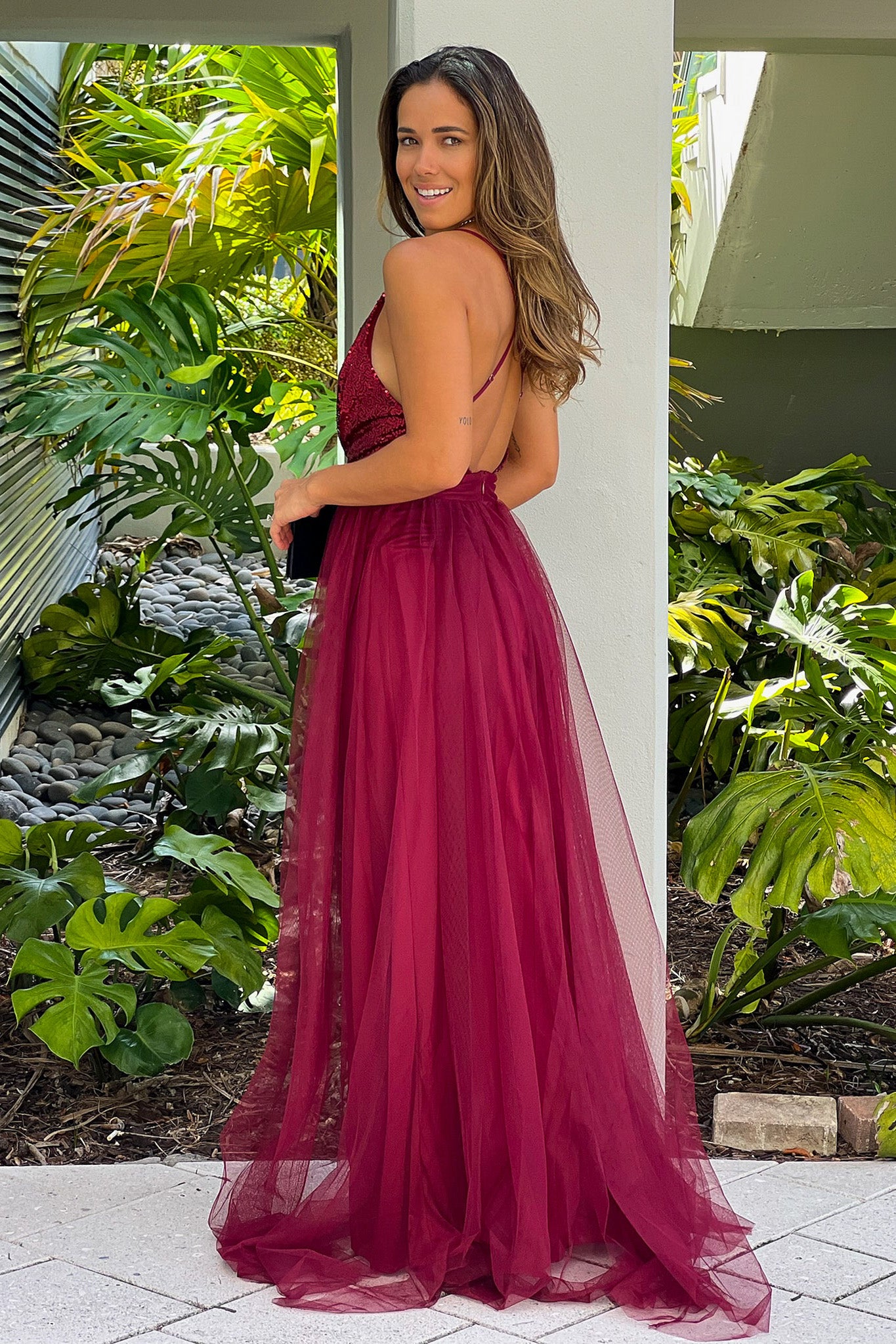wine tulle maxi dress with criss cross back