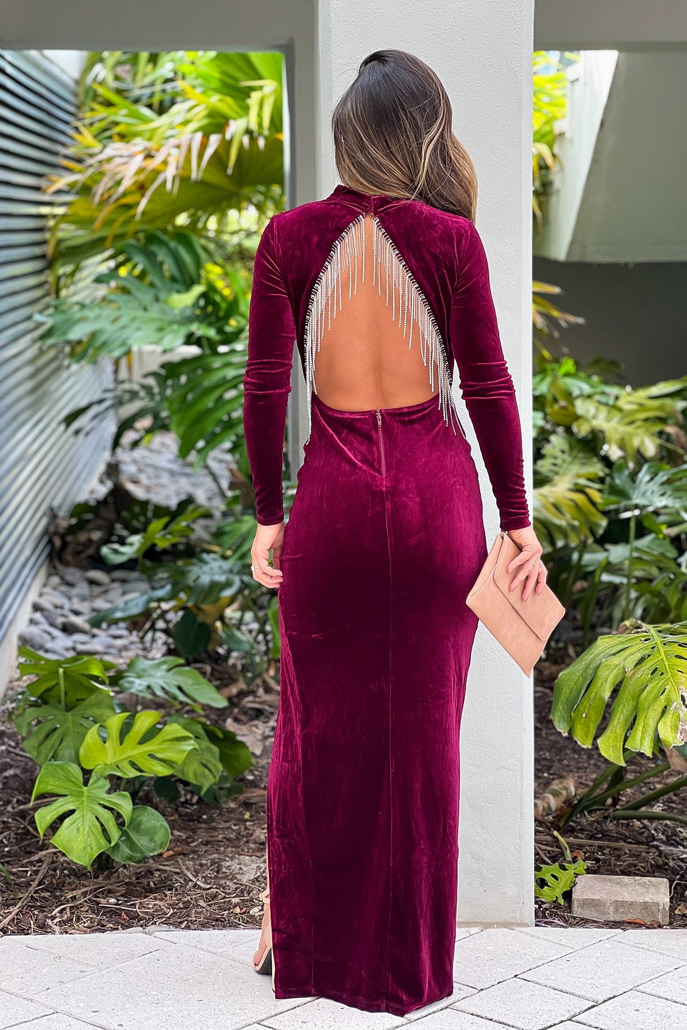 wine velvet maxi dress with open back and rhinestone detail