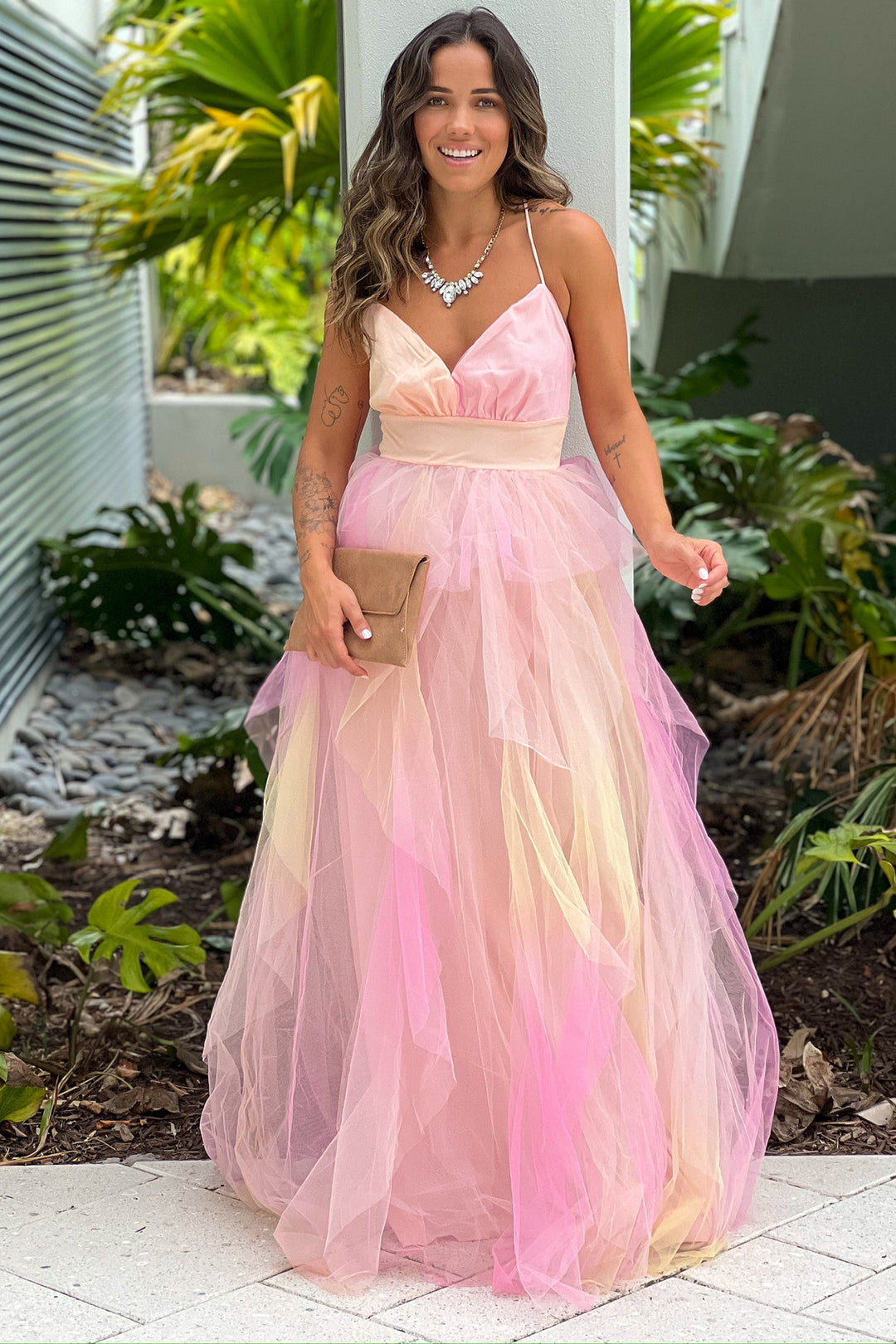 sofia fairy pink mesh maxi dress Yellow And Pink Ruffled Mesh Maxi Dress