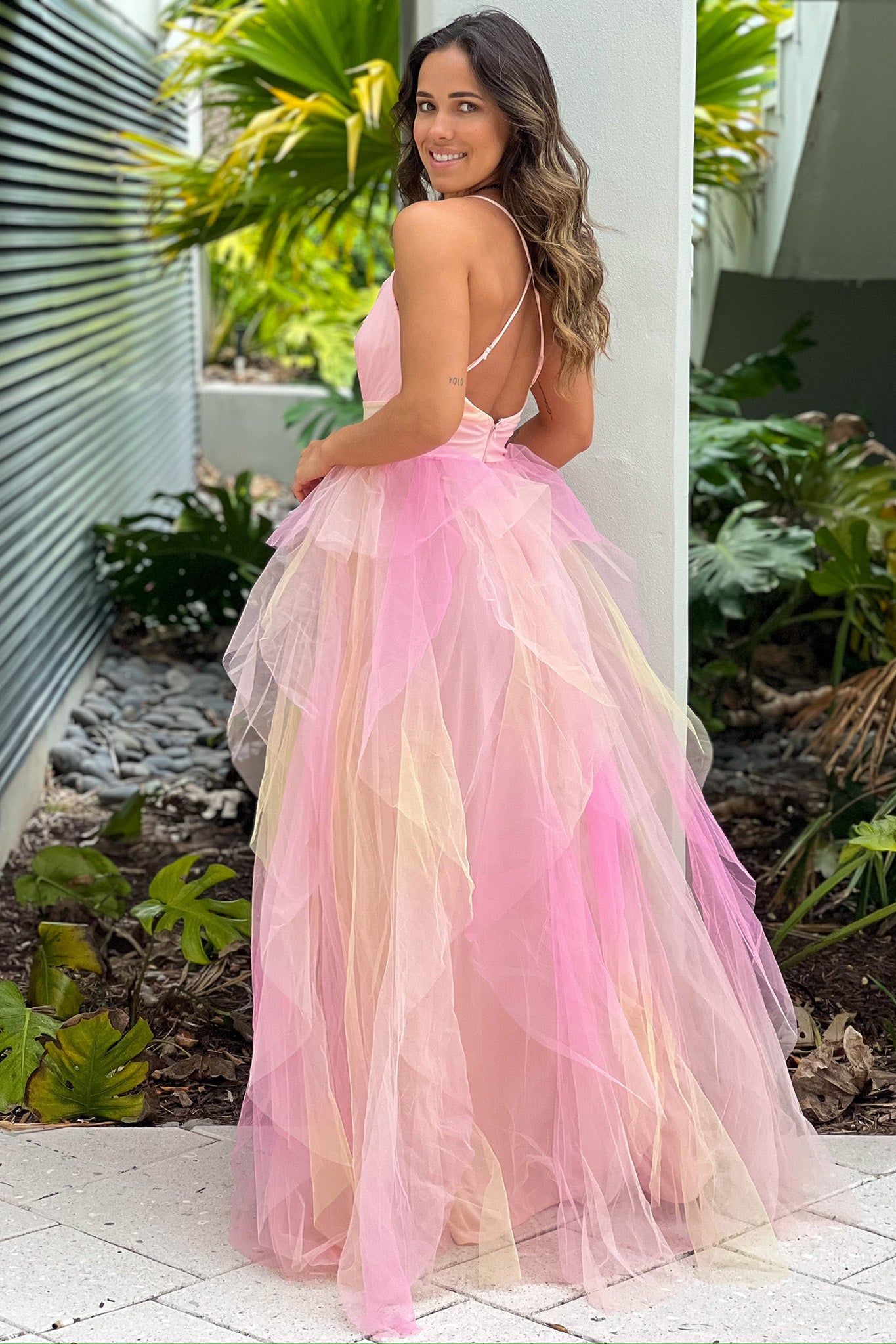 yellow and pink formal dress Juliet JT2739S Strapless Sleeveless Corset Bodice Prom Dress 2026, Pastel Yellow Floral / 8
