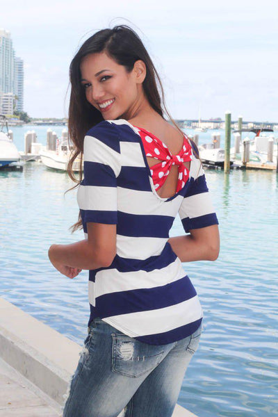 Navy Striped Top with Back Bow
