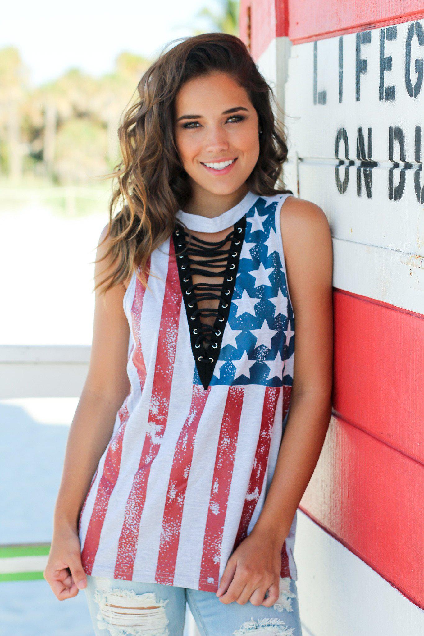 American Flag Lace Up Top