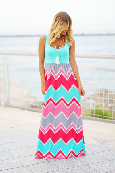 Aqua Chevron Maxi Dress with Pockets