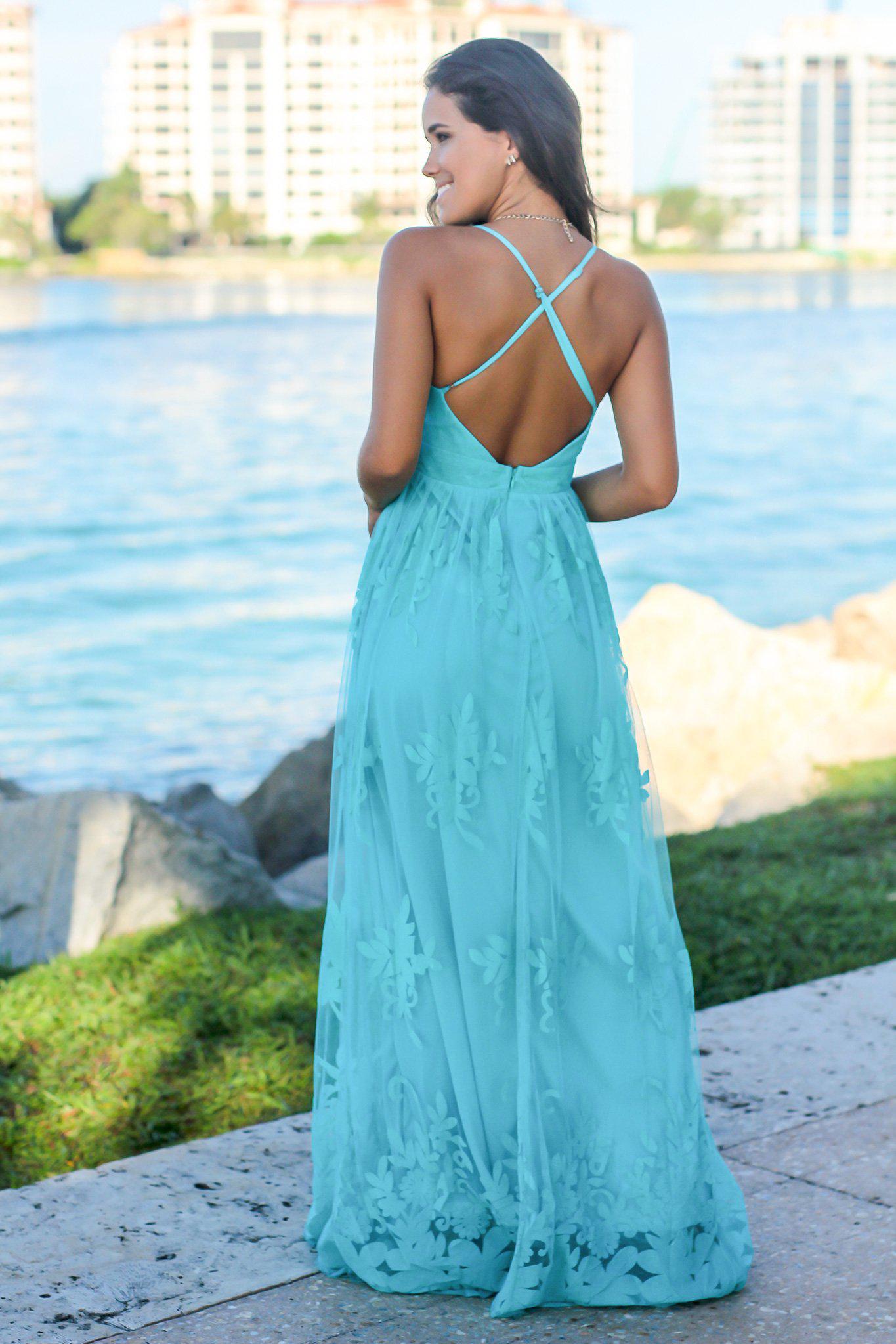Aqua Floral Tulle Maxi Dress with Criss Cross Back