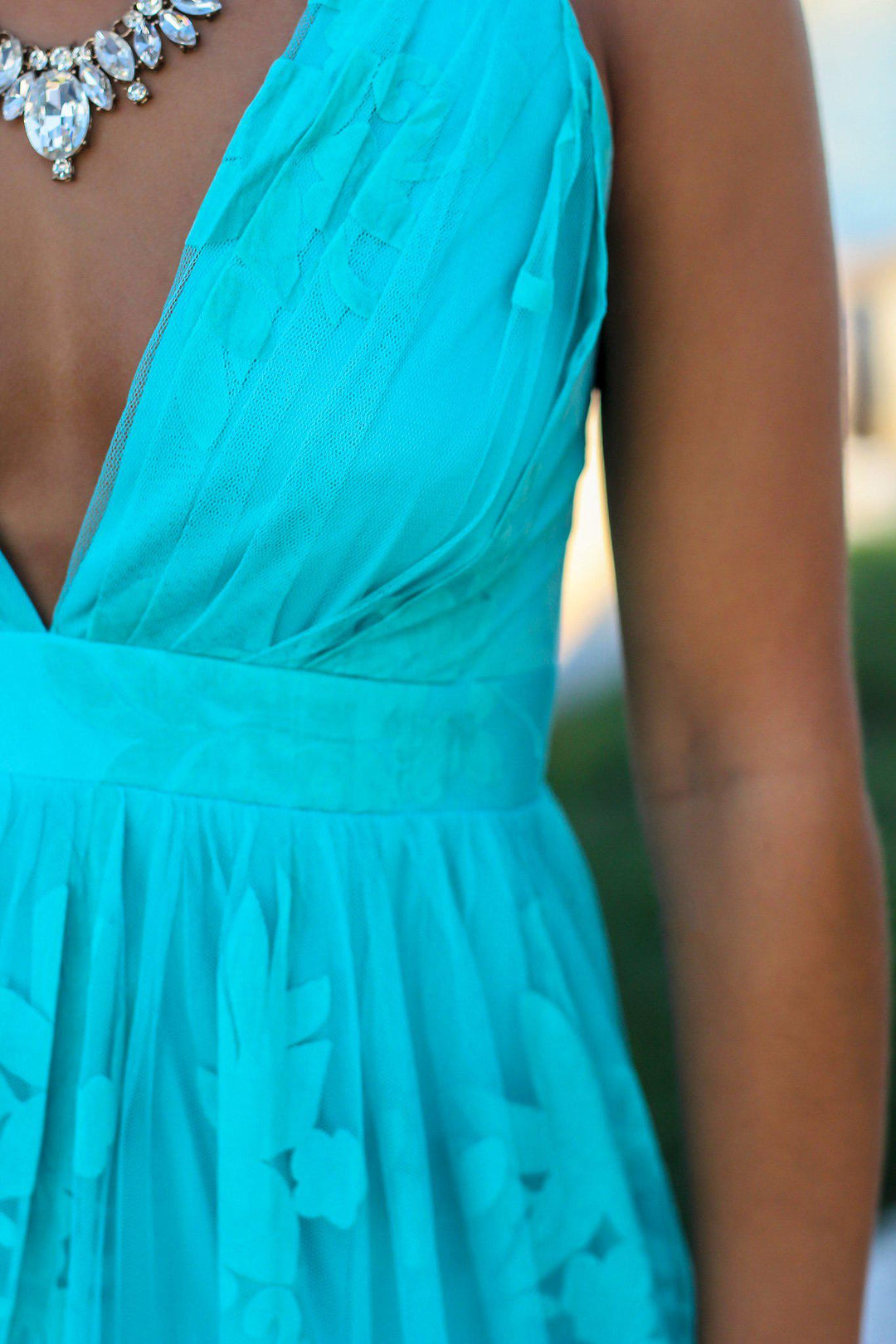 fitted lace wedding dress Aqua Floral Tulle Maxi Dress with Criss Cross Back