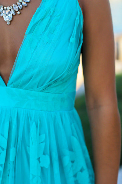 Aqua Floral Tulle Maxi Dress with Criss Cross Back