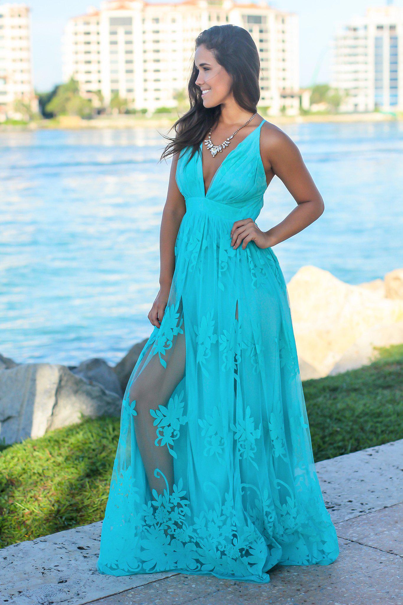 Aqua Floral Tulle Maxi Dress with Criss Cross Back | Maxi Dresses Saved by the Dress Aqua Floral Tulle Maxi Dress with Criss Cross Back | Maxi Dresses Saved by the Dress