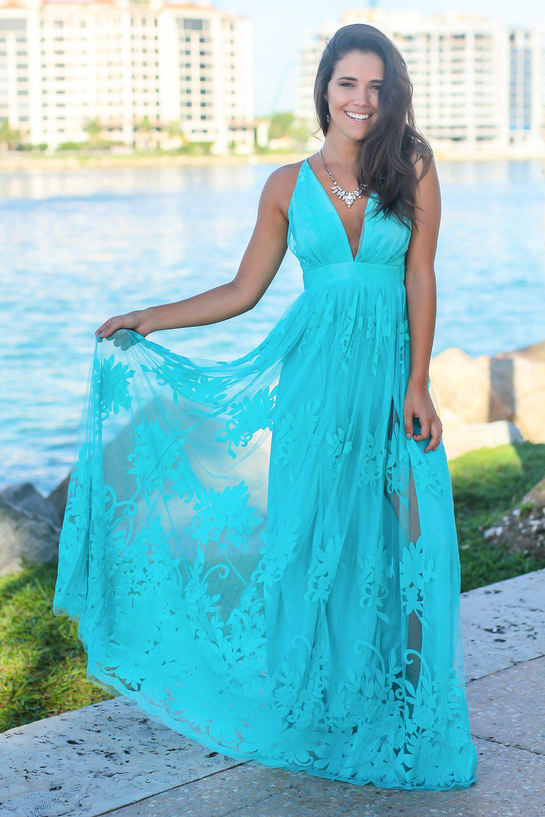 Aqua Floral Tulle Maxi Dress with Criss Cross Back Maxi Dresses Saved by the Dress