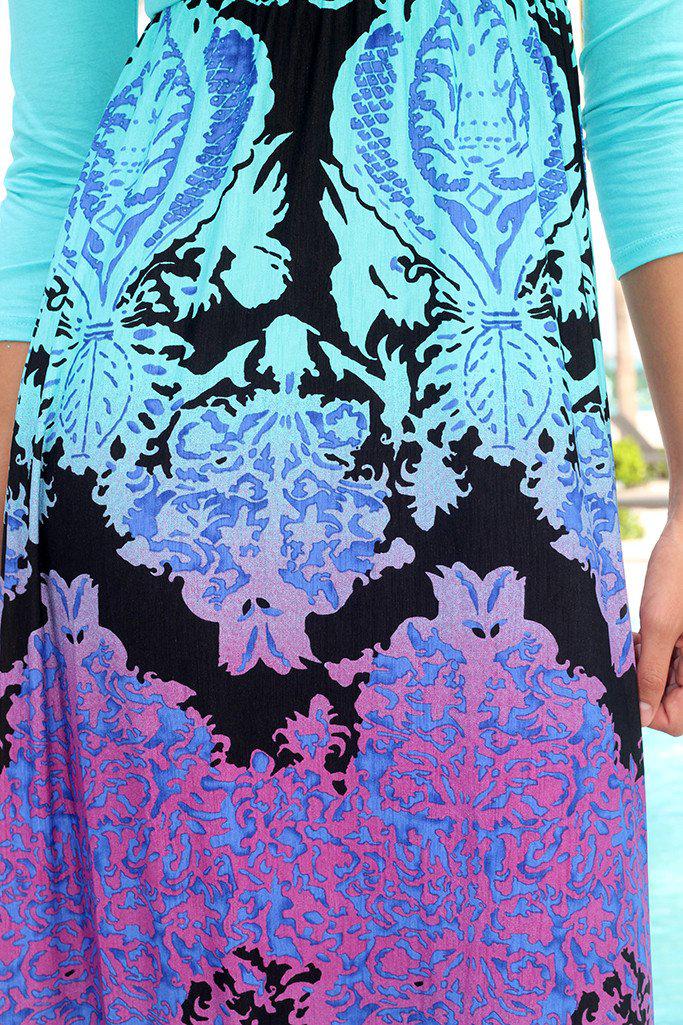 Aqua Maxi Dress With Multi Color Printed Bottom – Saved by the Dress