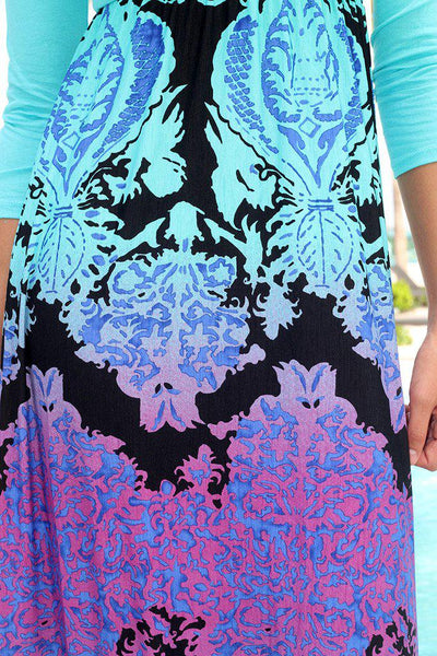 Aqua Maxi Dress With Multi Color Printed Bottom
